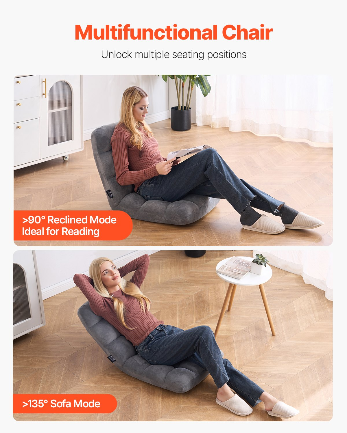 VEVOR Floor Chair, Recycled Foam Folding Sofa Chair with 14 Adjustable Positions, Multifunctional Floor Chair with Back Support Ideal for Sleeping Reading, Floor Gaming Chair Suitable for Kids, Gray by J&D Motion