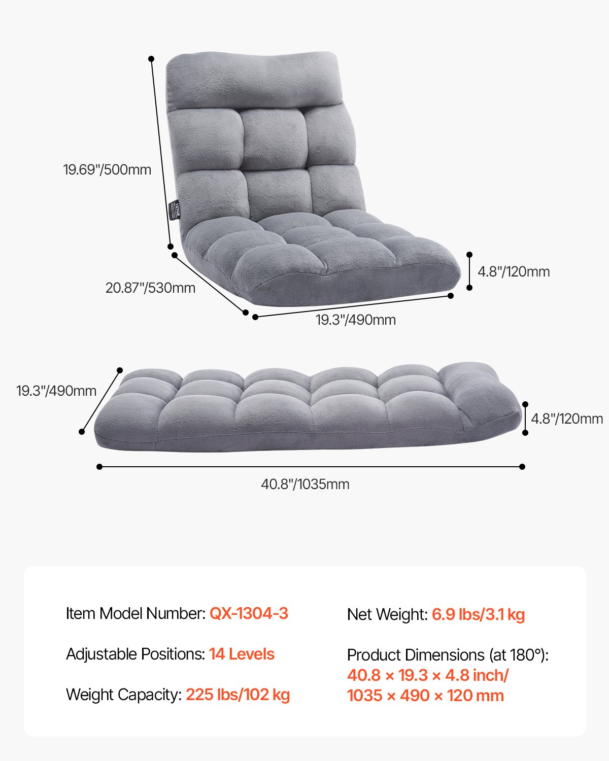 VEVOR Floor Chair, Recycled Foam Folding Sofa Chair with 14 Adjustable Positions, Multifunctional Floor Chair with Back Support Ideal for Sleeping Reading, Floor Gaming Chair Suitable for Kids, Gray by J&D Motion